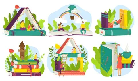 Reading books concept, set of tiny people readers with huge books piled up Stock-Illustration