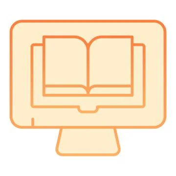 Reading books on pc flat icon. Book on computer orange icons in trendy flat Stock Illustration