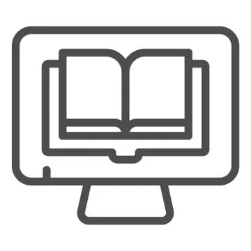 Reading books on pc line icon. Book on computer vector illustration isolated on Stock Illustration