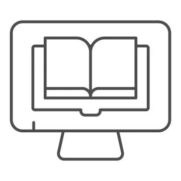Reading books on pc thin line icon. Book on computer vector illustration Stock Illustration