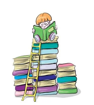 Reading boy on books, vector clip-art, concept of knowledge and education for Stock Illustration
