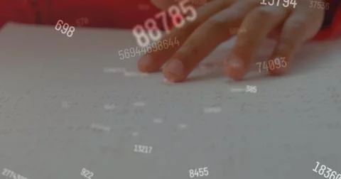Reading Braille, hands exploring tactile learning with floating numbers in Stock Photos