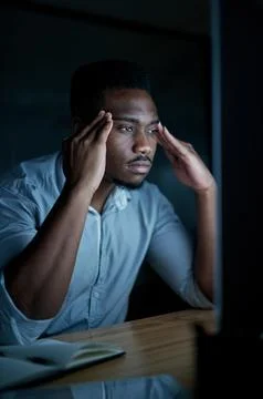 Reading, businessman or headache at computer at night for blog error, draft.. 스톡 사진