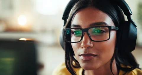 Reading, coder and computer with woman at home for freelance developer, gaming Stock Footage 300938469