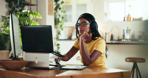 Reading coder and computer with woman at home for freelance developer, gaming Stock Footage 301029242