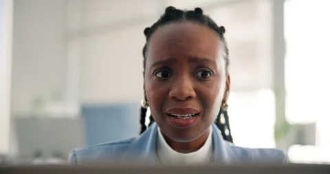 Reading, computer and black woman with stress for business email with error, bad Stock-Footage 324379467