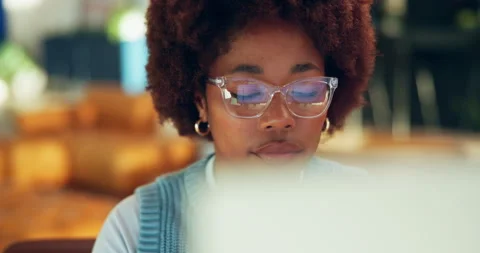 Reading, computer and black woman with glasses for copywriting, online Stock-Footage 337480964