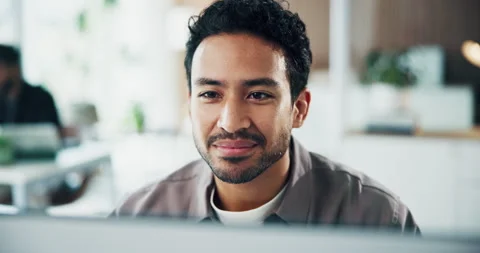 Reading, computer and business man in office for copywriting, article or review Stock Footage 329358675