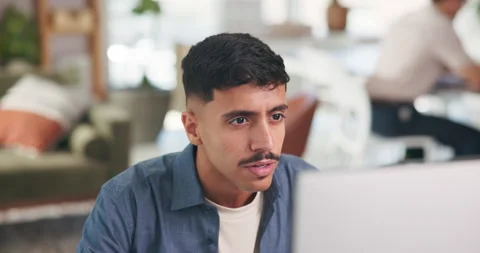 Reading, computer and businessman in office with research for software Stock Footage 329407113