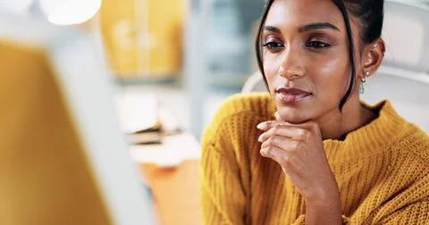 Reading, computer and thinking with business woman in office for creative Stock Photos