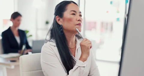 Reading, computer and woman with thinking in office for article insight Stock Footage 309126582