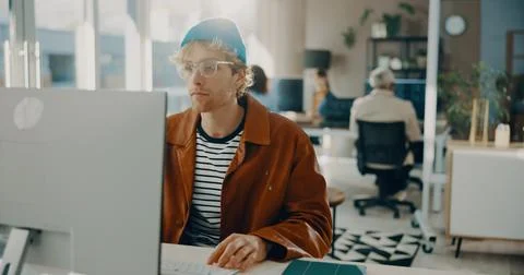 Reading, computer or business man in agency for software development, onlin.. Stock Photos