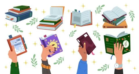 Reading concept, books in hand. Study paper, handbook, education cartoon. School Illustrazione stock