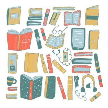 Reading concept. Books set in doodle style. Symbols of education isolated on  Ilustración de archivo
