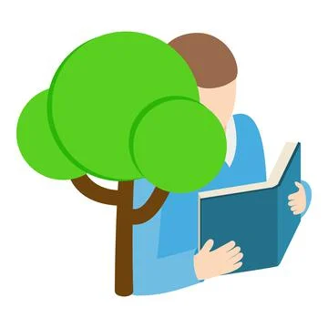 Reading concept icon isometric vector. Young man reading paper book under tree Illustrazione stock