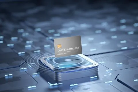 Reading data from a bank card. The concept of a decentralized exchange. Dark  Stock Illustration