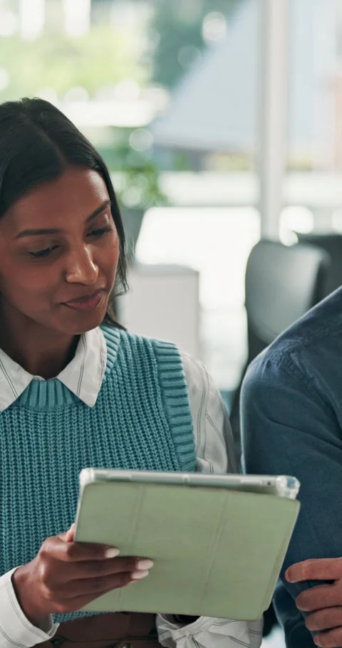 Reading, discussion or people with tablet in digital agency, planning update or Stock Footage 327838702