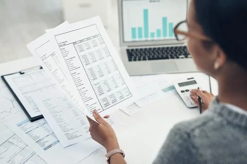 Reading, document or hands with calculator in office, balance sheet audit o.. Stock Photos