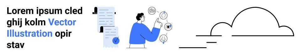 Reading Document While Using Laptop with Thought Bubbles and Outline of Cloud Stock Illustration