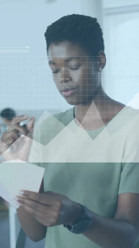 Reading documents, woman in office with data charts animation over workspace Stock Footage 341976999