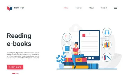 Reading e-books landing page, student using bookreader or smartphone library app Stock Illustration