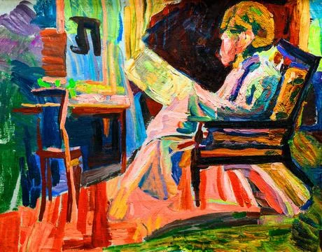 Reading, full figure, profile by Niels Larsen Stevns.. Stock Illustration