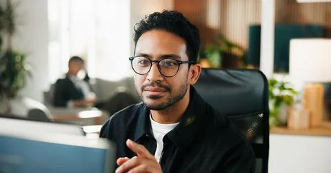Reading, glasses and man with computer in office, copywriting and planning for Stock Photos