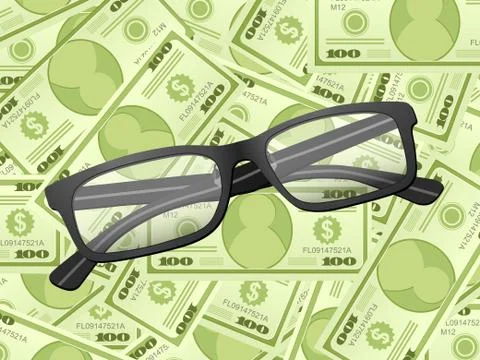 Reading glasses on dollar background Stock Illustration