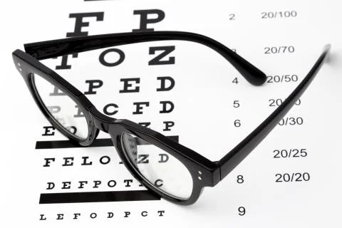 Reading glasses with eye chart isolated on white Stock Photos
