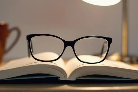 Reading glasses lying on the open book Photos