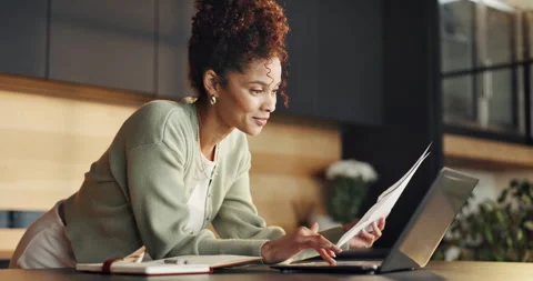 Reading, laptop or woman with document for home, travel insurance or hotel Stock Footage 336839435