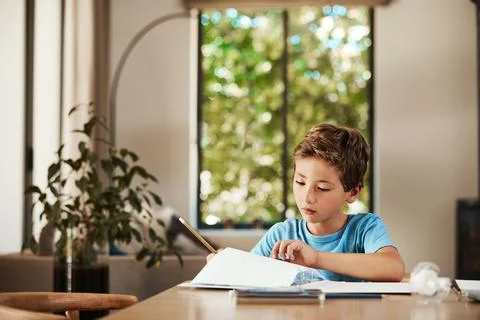 Reading, learning and homework with child in house for education, student a.. Stock Photos