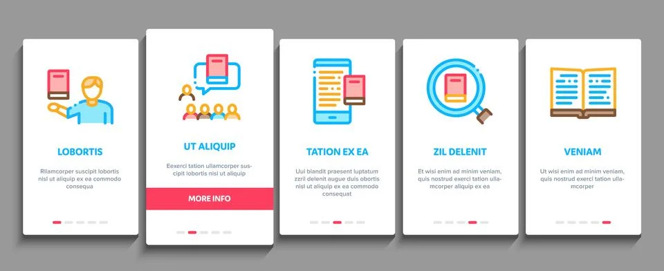 Reading Library Book Onboarding Elements Icons Set Vector Illustrazione stock