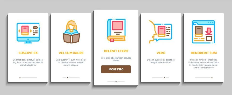 Reading Library Book Onboarding Elements Icons Set Vector Stock Illustration