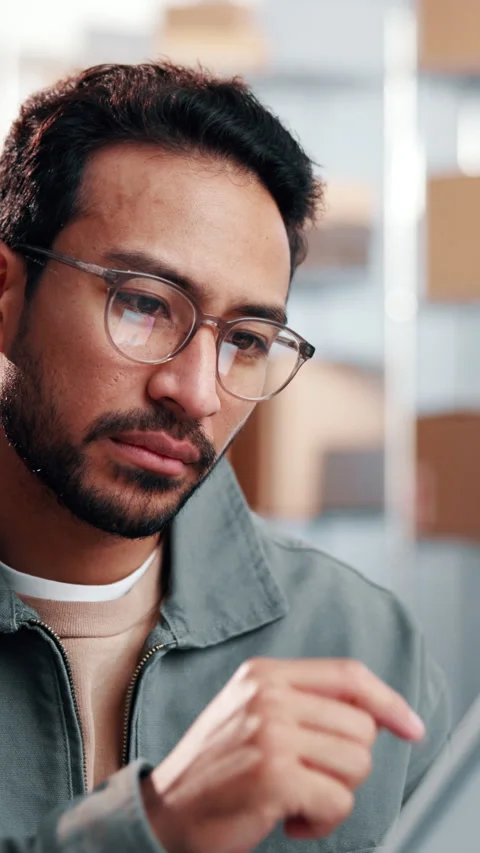 Reading, man and logistics worker with tablet in office with cargo service Stock Footage 342312240