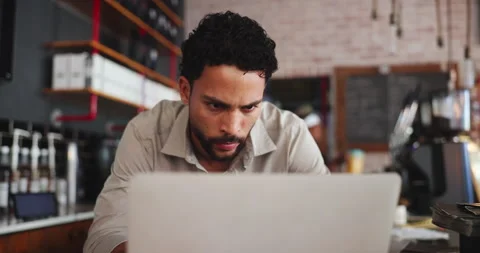 Reading, man or entrepreneur with computer in coffee shop, planning budget or 스톡 동영상 330071237