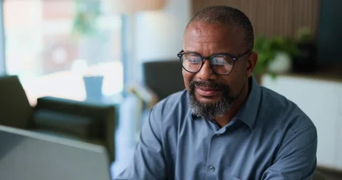 Reading, mature or black man with glasses in office, review banking transaction Stock Footage 326424754