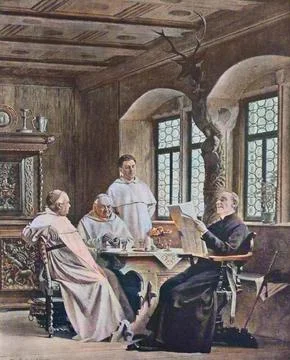 Reading the newspaper by the monks in the monastery 1880 Germany Historic Illustrazione stock