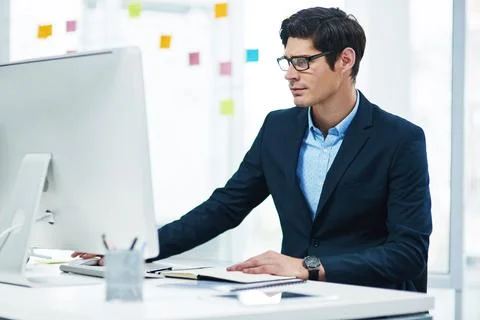Reading, notebook or businessman with computer in office, stock market research Stock Photos