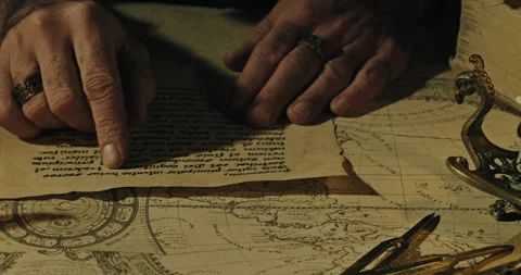 Reading old latin manuscript on ancient map (over 200 years old) Stock Footage 144170751