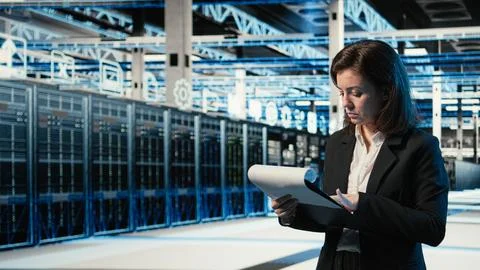 Reading paperwork, blue wireframe mesh and admin in data center Foto stock