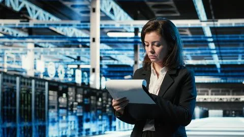 Reading paperwork, blue wireframe mesh and admin in data center Foto stock