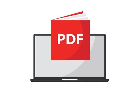 Reading a PDF file with an icon and label on a laptop screen. Stock Illustration