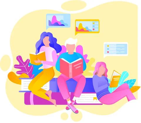 Reading people flat character set with books magazines literature isolated 库存插图