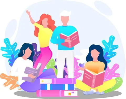 Reading people flat character set with books magazines literature isolated Stockillustratie