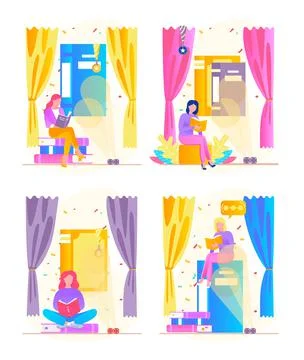 Reading people flat character set with books magazines literature isolated Stock Illustration