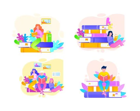 Reading people flat character set with books magazines literature isolated Illustrazione stock