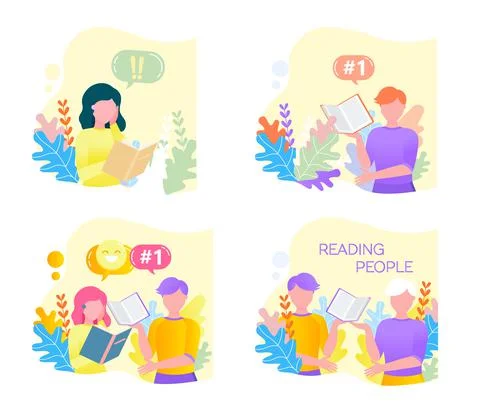 Reading people flat character set with books magazines literature isolated Stockillustratie