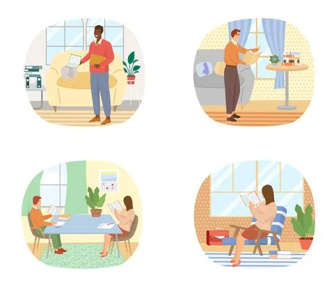 Reading people flat character set with books magazines literature isolated Stock Illustration