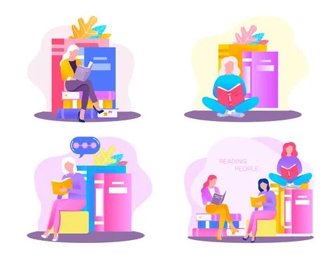 Reading people flat character set with books magazines literature isolated Illustrazione stock